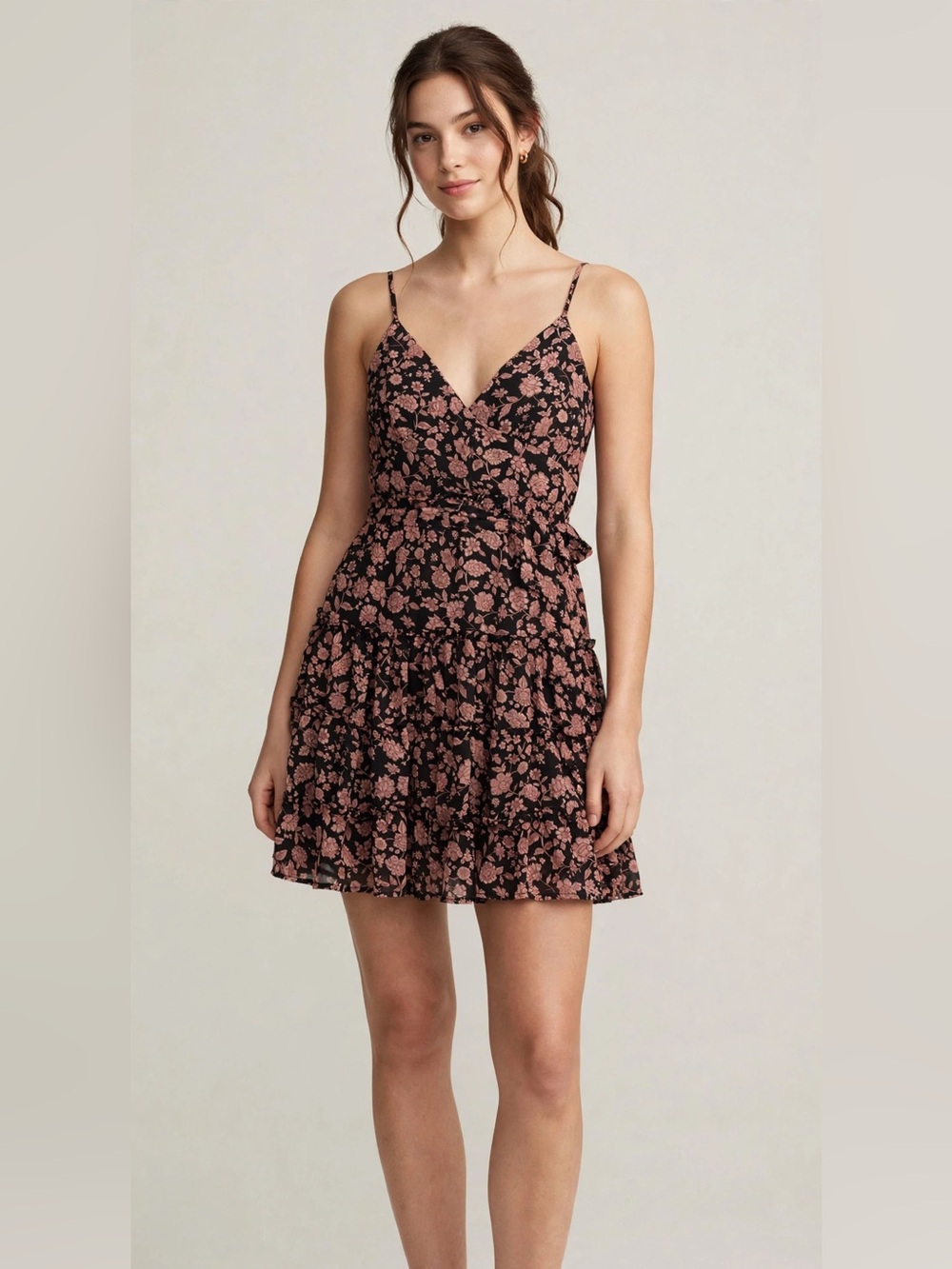 Floral Tiered Mini Dress with Tie Waist - Black & Dusty Rose